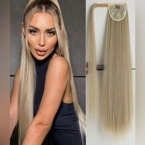28” Human Hair Blend Wrap Around Ponytail – Silk Straight, Natural Ash Blonde